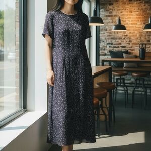 Talbots Floral Maxi Dress 14 Navy Burgundy Sheer Short Sleeve Back Zip Vintage